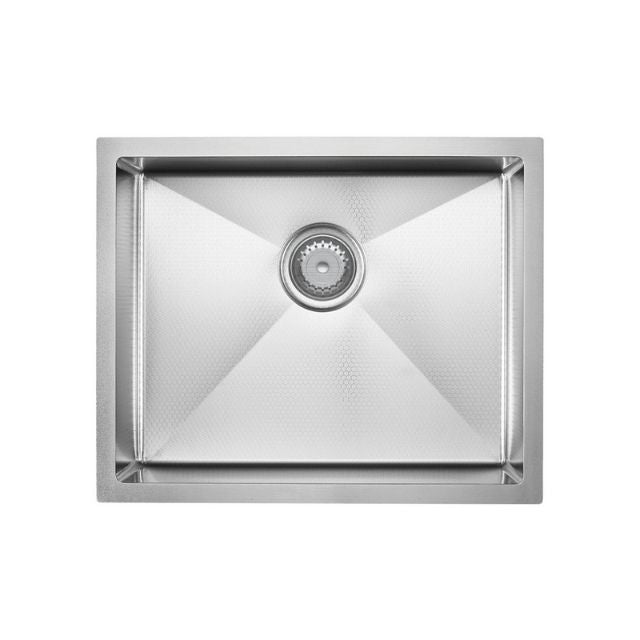 Fienza Hana single bowl stainless steel kitchen sink with centred drain in square top view