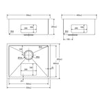 Fienza Hana single bowl kitchen sink technical drawing in gun metal, showing 550 x 450 x 200 mm dimensions and waste cut-out spacings