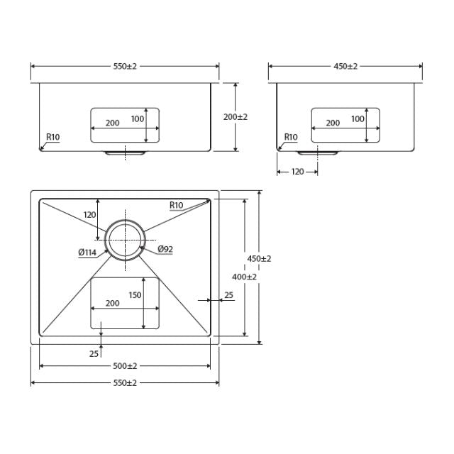Fienza Hana single bowl kitchen sink technical drawing in gun metal, showing 550 x 450 x 200 mm dimensions and waste cut-out spacings