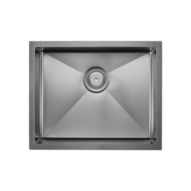 Fienza Hana single bowl kitchen sink in gun metal, square stainless steel design with centre waste, top view