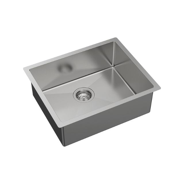 Fienza Hana stainless steel single bowl kitchen sink, topmount/undermount style, with drain basket in a square view