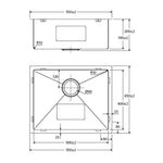 Technical drawing of Fienza Hana stainless steel single bowl kitchen sink with dimensions and cut-out measurements