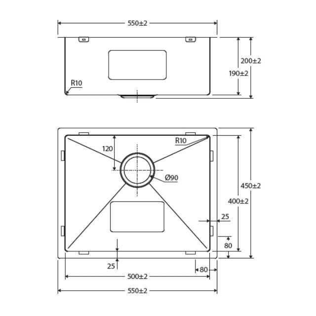 Technical drawing of Fienza Hana stainless steel single bowl kitchen sink with dimensions and cut-out measurements