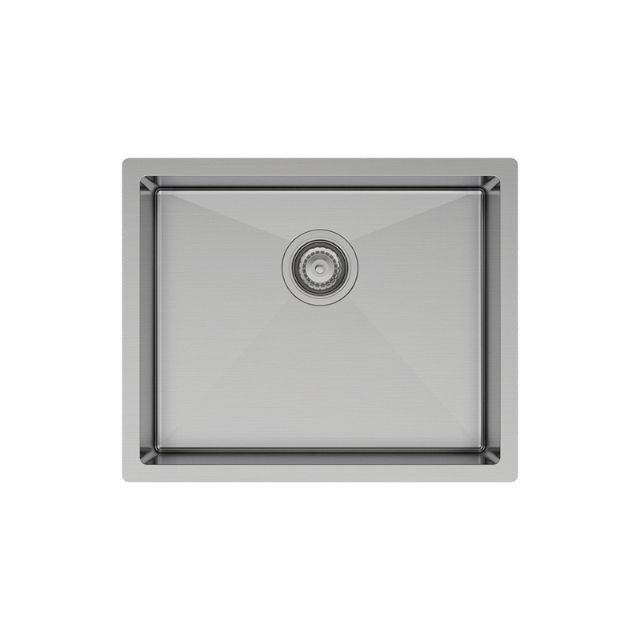 Fienza Hana single bowl stainless steel kitchen sink, top view, 550 x 450mm, with centre waste