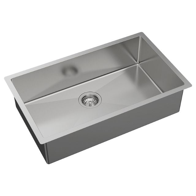 Fienza Hana stainless steel single bowl kitchen sink, top/undermount style, with waste outlet visible
