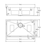 Fienza Hana single bowl stainless steel kitchen sink technical drawing with 750 x 450 x 200mm dimensions and cutout measurements