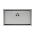 Fienza Hana stainless steel single bowl kitchen sink with centre waste, top or undermount, shown from above