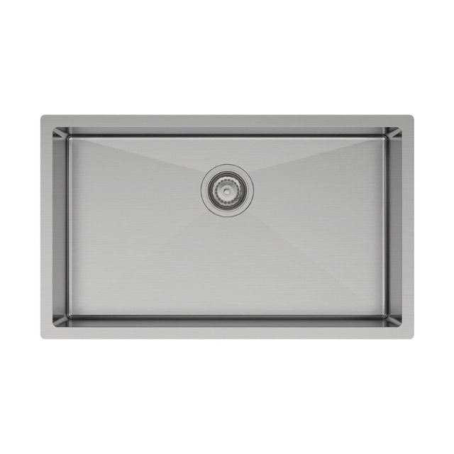 Fienza Hana stainless steel single bowl kitchen sink with centre waste, top or undermount, shown from above