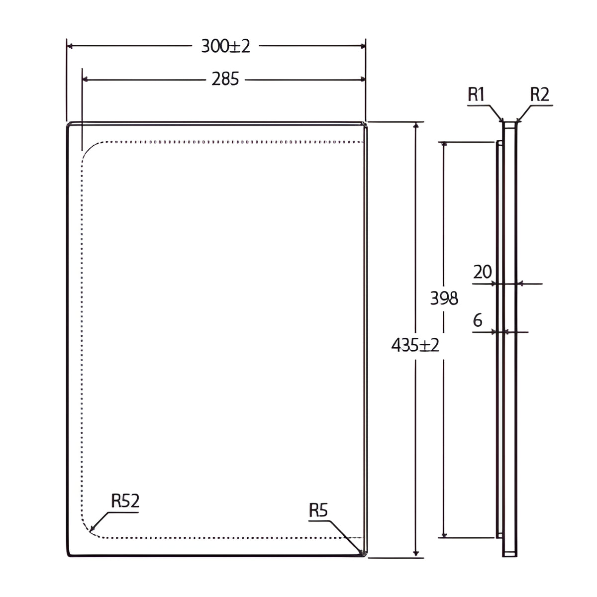 Fienza Hana sink chopping board technical drawing with dimensions 300 x 435 x 20 mm, rectangular timber board, top and side view