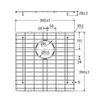 Fienza Hana sink protector technical drawing in stainless steel, square 390 x 390 mm with centre cut-out and dimensions marked