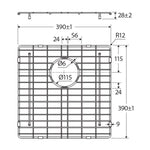 Fienza Hana stainless steel sink protector, square 390 x 390mm technical drawing with dimensions shown