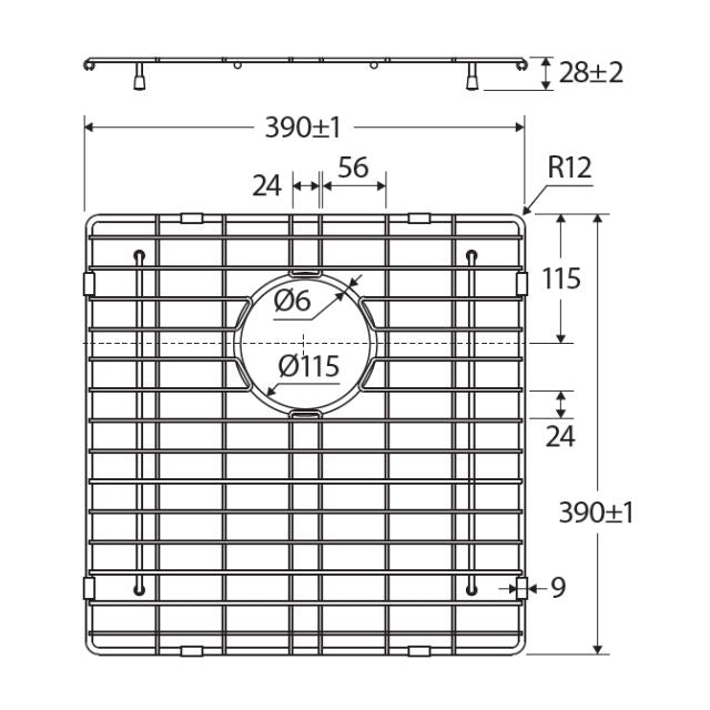Fienza Hana stainless steel sink protector, square 390 x 390mm technical drawing with dimensions shown