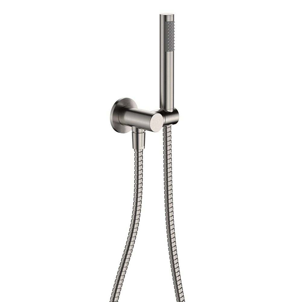 Fienza Isabella brushed nickel hand shower with round wall plate and flexible hose, shown on a white background