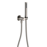 Fienza Isabella brushed nickel hand shower with round wall plate and flexible hose, shown on a white background
