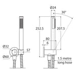 Fienza Isabella hand shower technical drawing in brushed nickel, showing round plate, wall mount and 1.5 metre hose dimensions