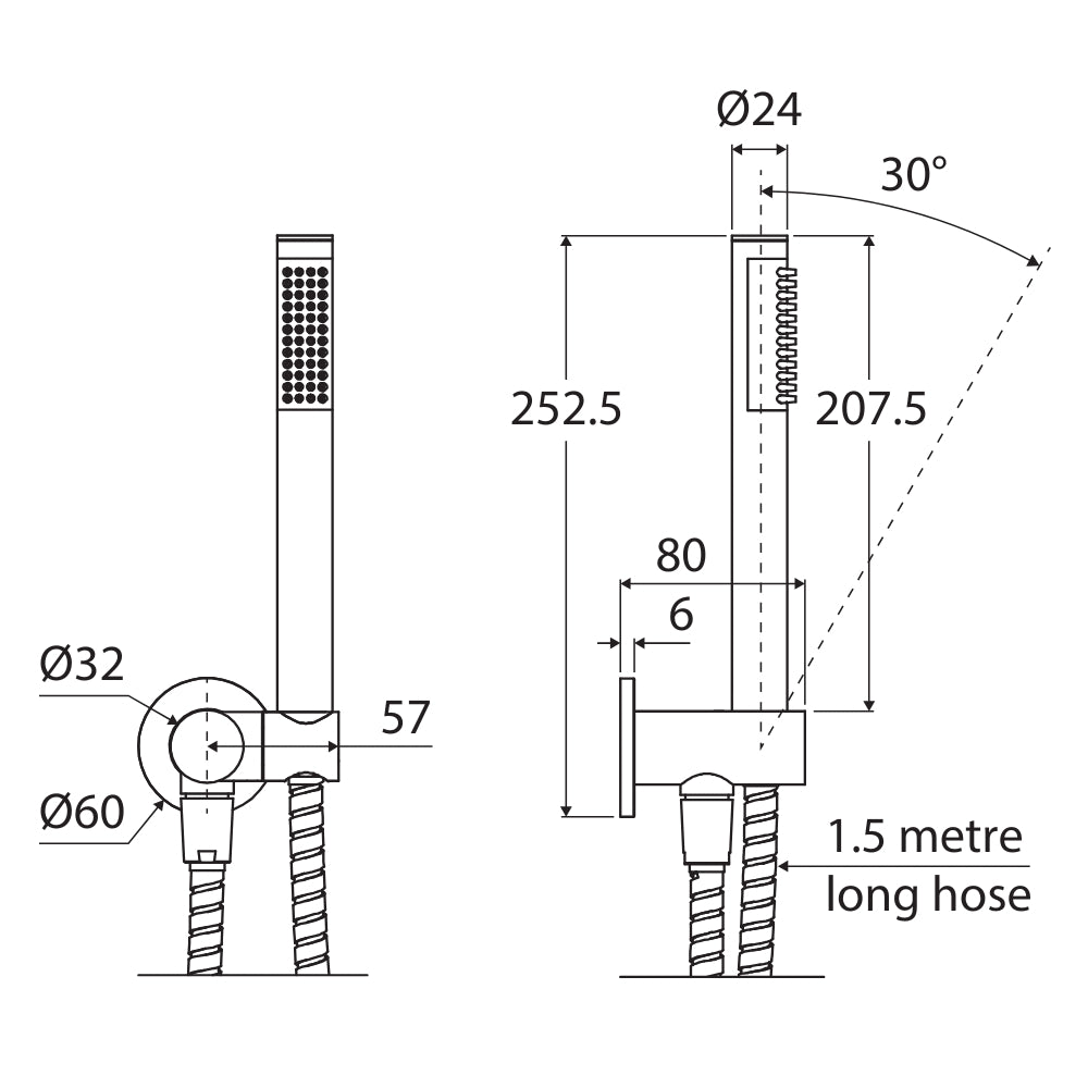 Fienza Isabella hand shower technical drawing in brushed nickel, showing round plate, wall mount and 1.5 metre hose dimensions