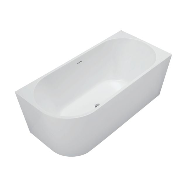 Fienza Isabella gloss white acrylic corner bath, 1500mm, oval shape with overflow and slim edge, angled view