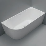 Fienza Isabella left hand corner bath in matte white acrylic, oval shape with overflow, shown installed in a grey corner setting