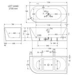 Fienza Isabella left hand 1700mm corner bath technical drawing in matte white, with dimensions and overflow details
