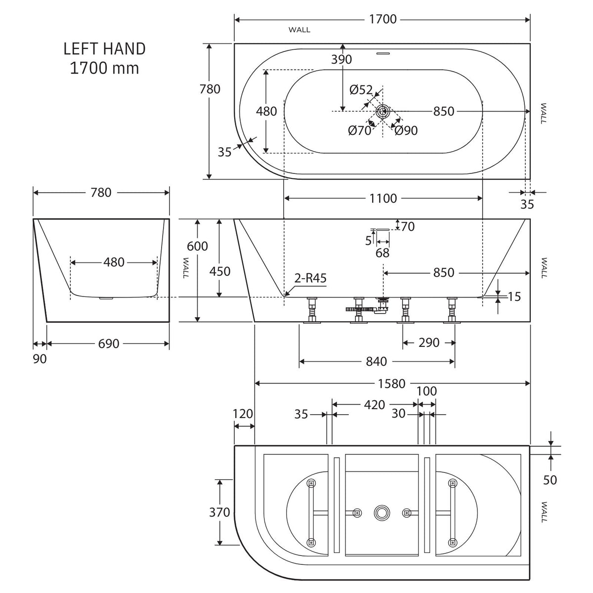 Fienza Isabella left hand 1700mm corner bath technical drawing in matte white, with dimensions and overflow details