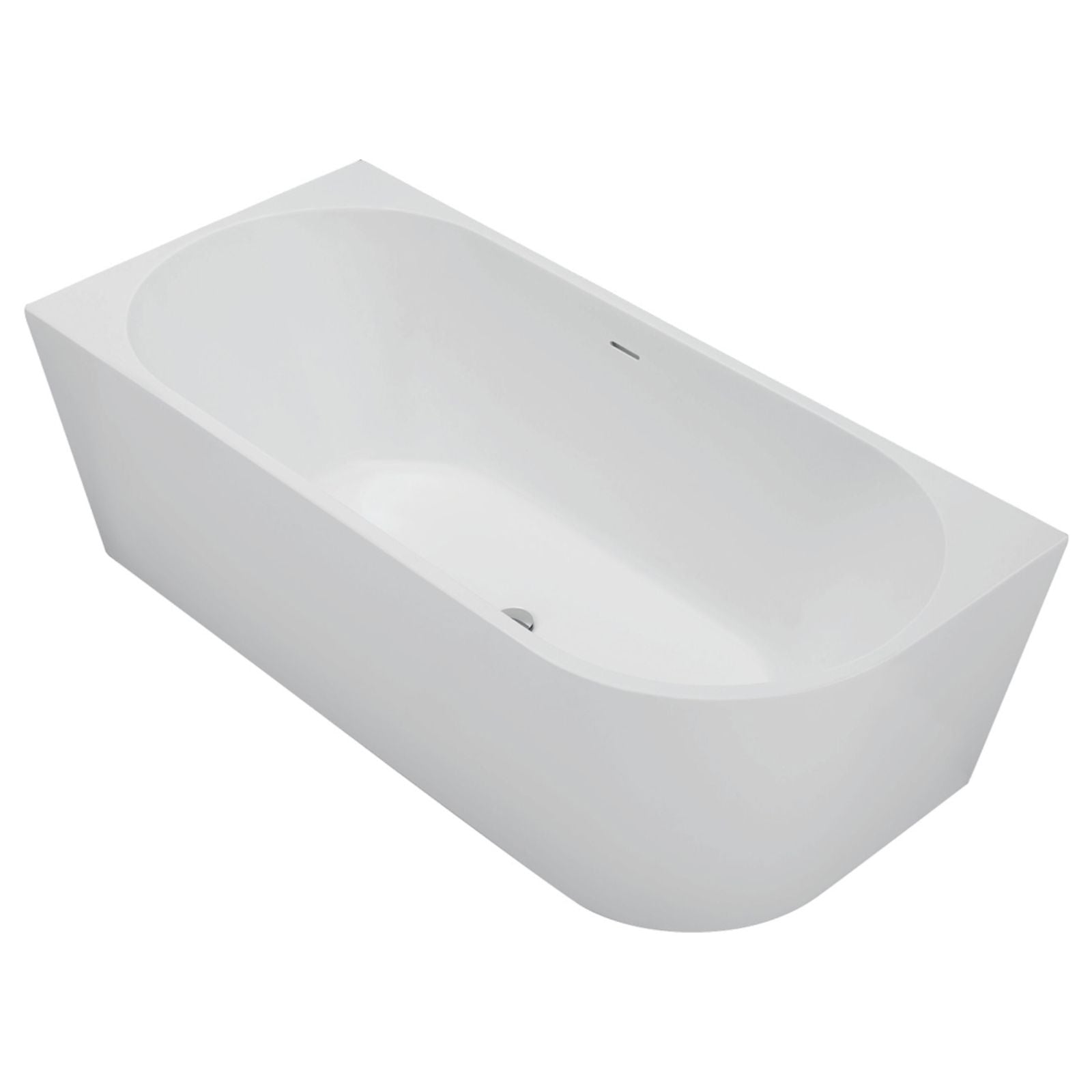 Fienza Isabella right hand corner bath in matte white acrylic, angled view with overflow and centre waste selector