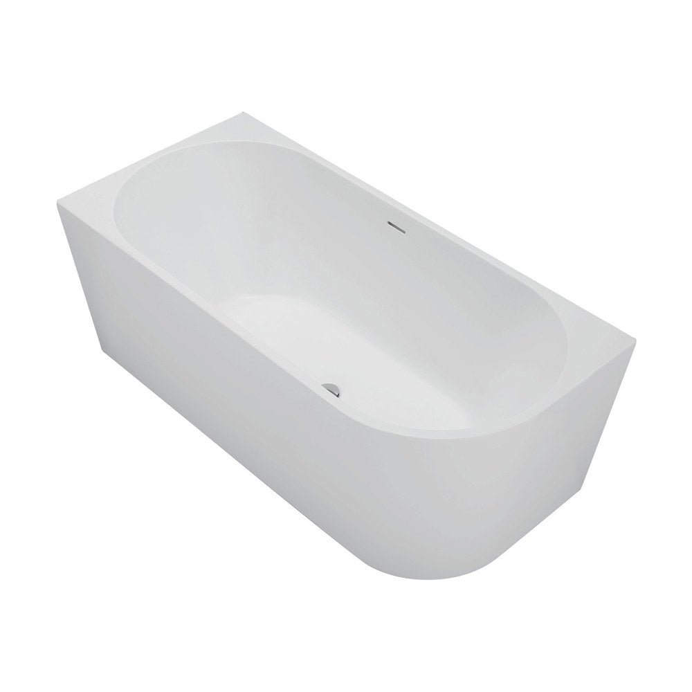 Fienza Isabella right-hand corner bath, matte white acrylic, with built-in overflow and chrome waste opening, 1500mm