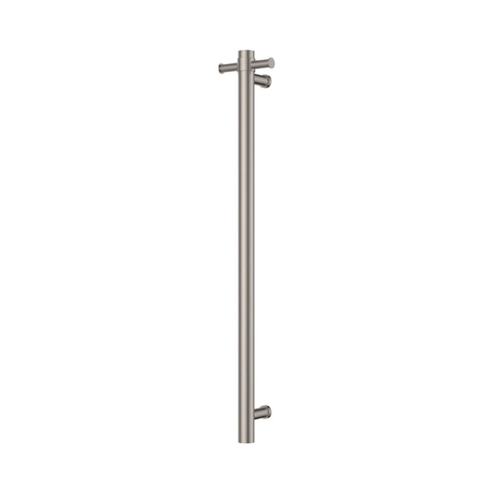 Fienza Isabella vertical heated towel rail in brushed nickel, single round bar on white background