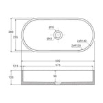 Technical drawing of a Fienza Jada above-counter oval basin, 600 x 280 x 120mm, with waste hole and dimensions shown