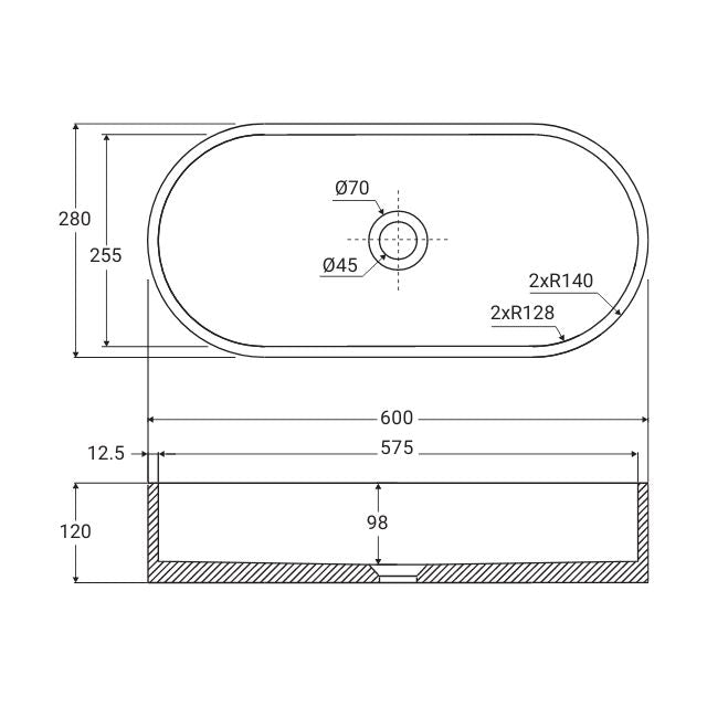 Technical drawing of a Fienza Jada above-counter oval basin, 600 x 280 x 120mm, with waste hole and dimensions shown