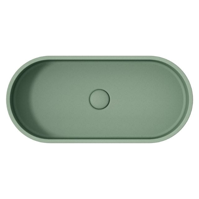 Fienza Jada sage concrete oval above-counter basin with no overflow and central waste hole, top view