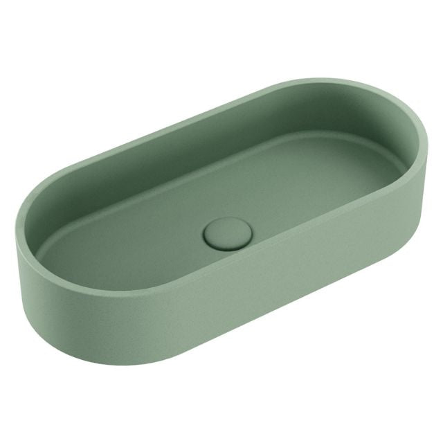 Fienza Jada sage concrete above-counter oval pill basin with no overflow, shown in angled view on white background