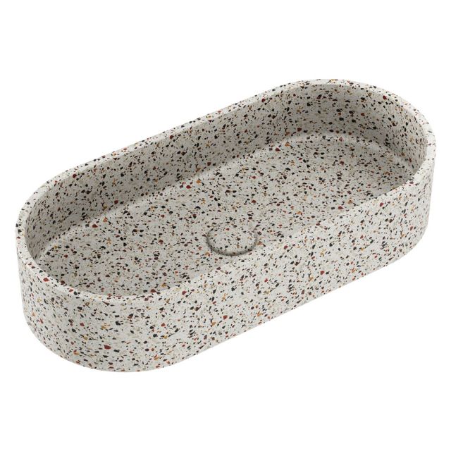 Fienza Jada above counter basin in terrazzo concrete, oval pill shape, grey speckled finish, top view