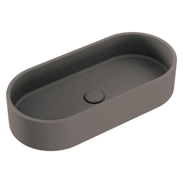 Fienza Jada warm grey concrete above counter basin, oval pill shape, top view with centre waste hole