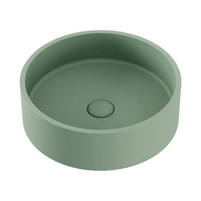 Fienza Jada round above-counter basin in sage concrete, 390 x 120mm, with no overflow and no tap hole, on white background