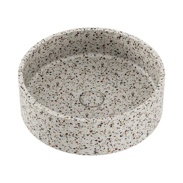 Fienza Jada round terrazzo concrete above counter basin, grey speckled finish, 390 x 120mm, no overflow