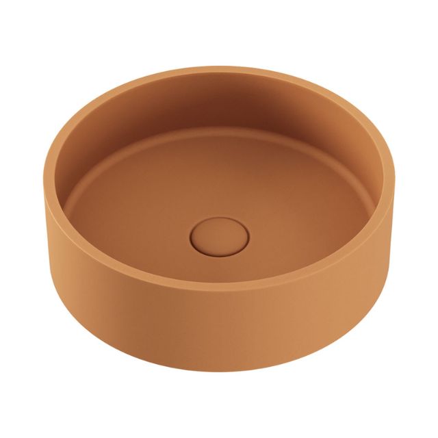 Fienza Jada round above-counter basin in Tuscan concrete, with a clean no-overflow design and centred waste opening