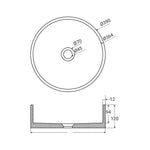 Fienza Jada round above counter basin technical drawing, warm white concrete, 390 x 120mm, with dimensions and waste opening