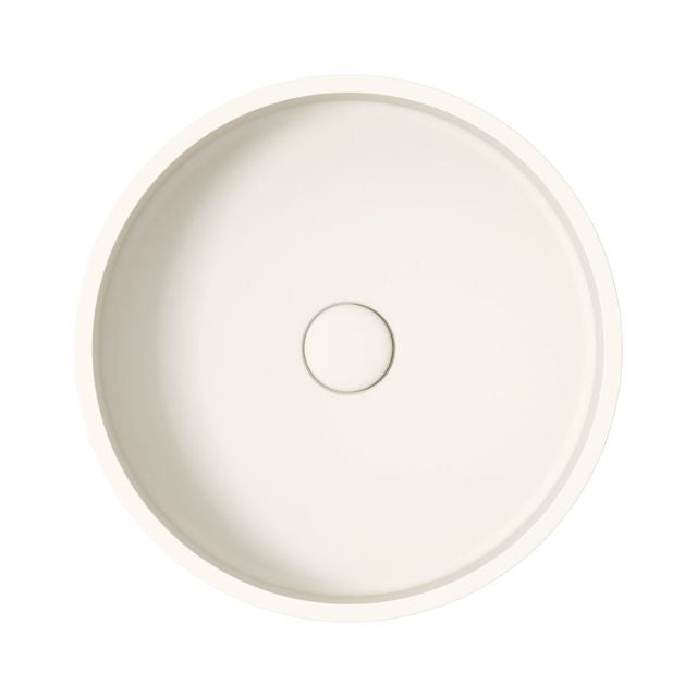 Fienza Jada warm white round concrete above-counter basin, top view with central waste hole