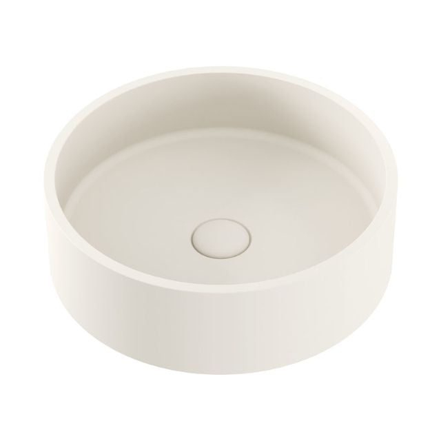 Fienza Jada round above counter basin in warm white concrete, 390 x 120mm, with no tap hole and no overflow
