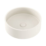 Fienza Jada round above counter basin in warm white concrete, 390 x 120mm, with no tap hole and no overflow