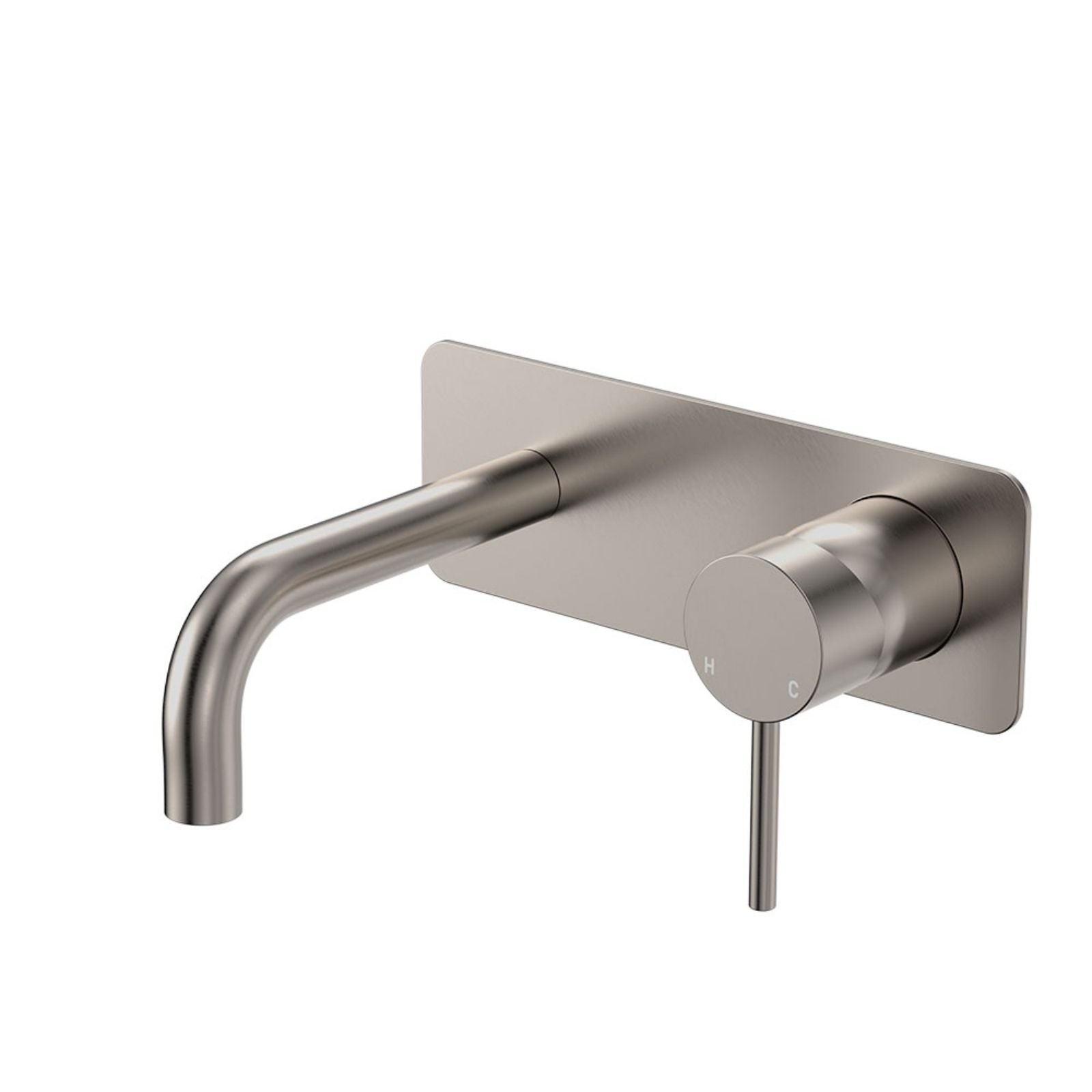 Fienza Kaya wall basin/bath mixer set in brushed nickel with rectangular plate and curved outlet, front view
