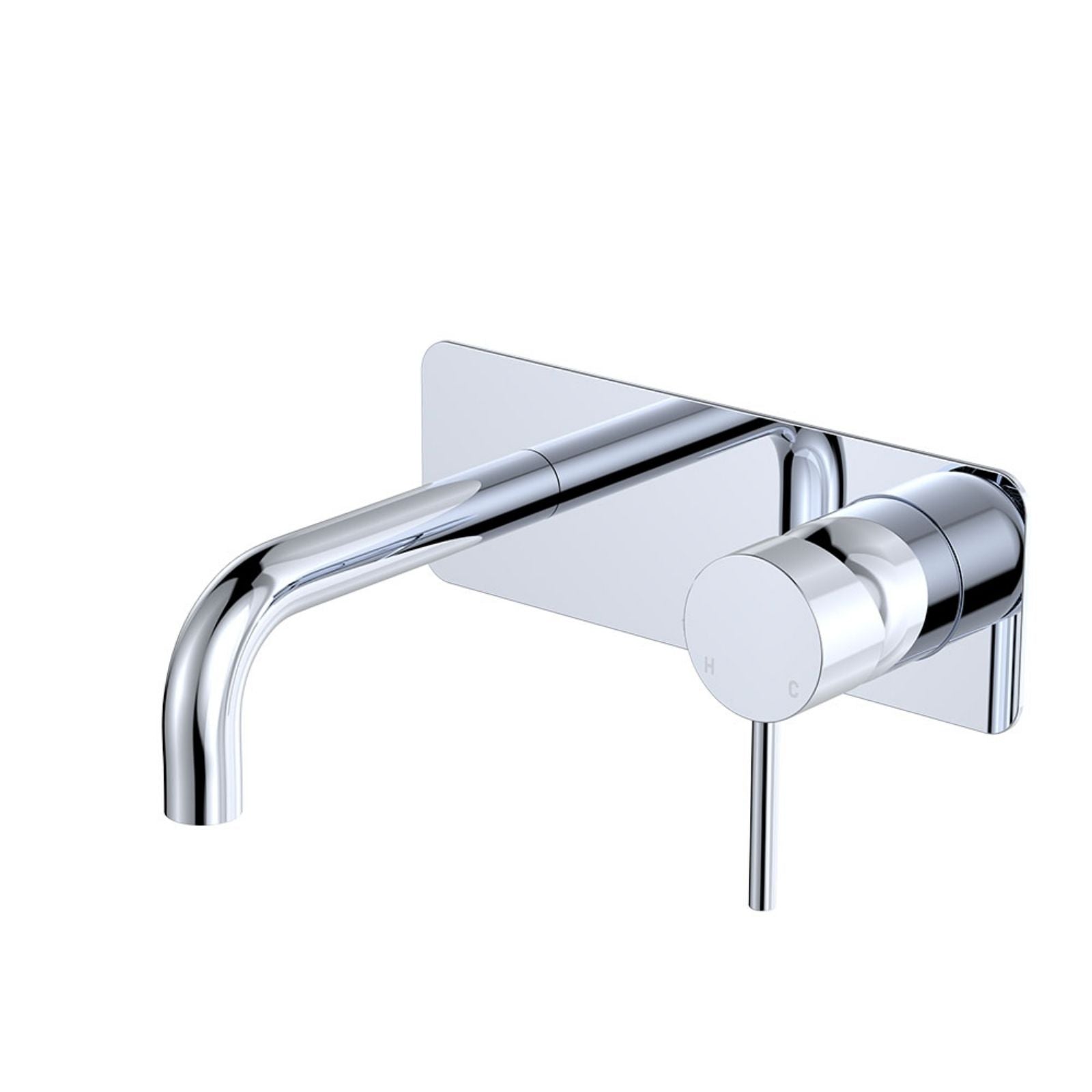 Fienza Kaya chrome wall basin/bath mixer set with rectangular plate and curved 130mm outlet, shown front on white background