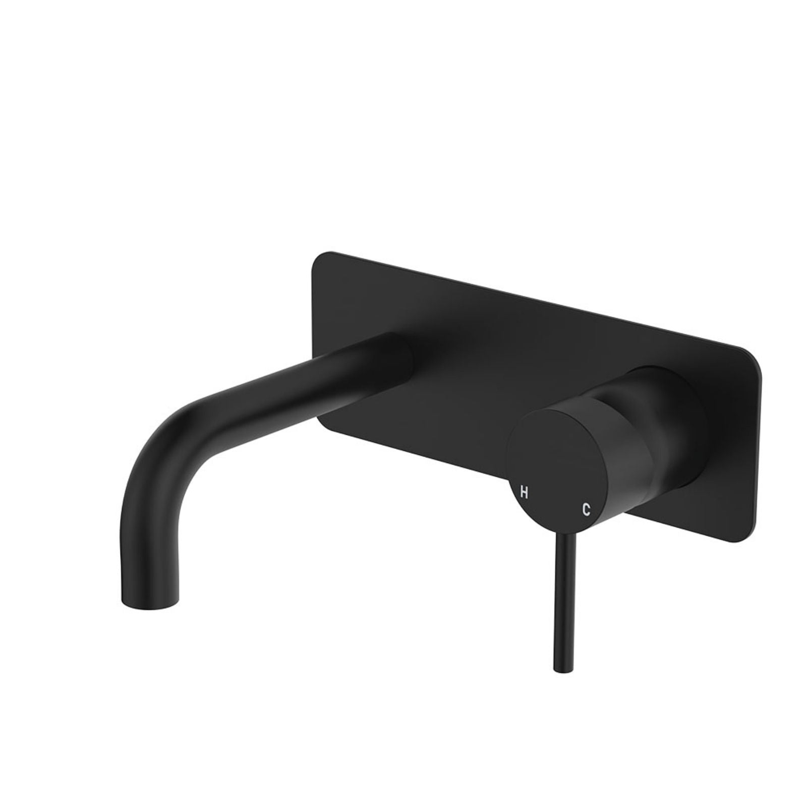 Fienza Kaya wall basin/bath mixer set in matte black with rectangular plate, curved outlet and round pin lever handle