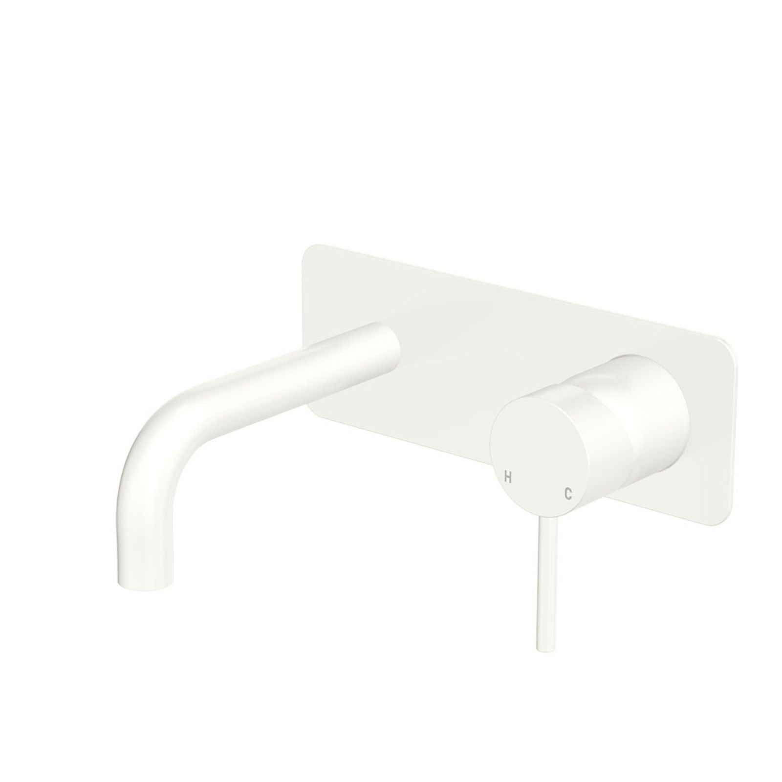 Fienza Kaya wall basin/bath mixer set in matte white with rectangular plate and curved outlet on a white background