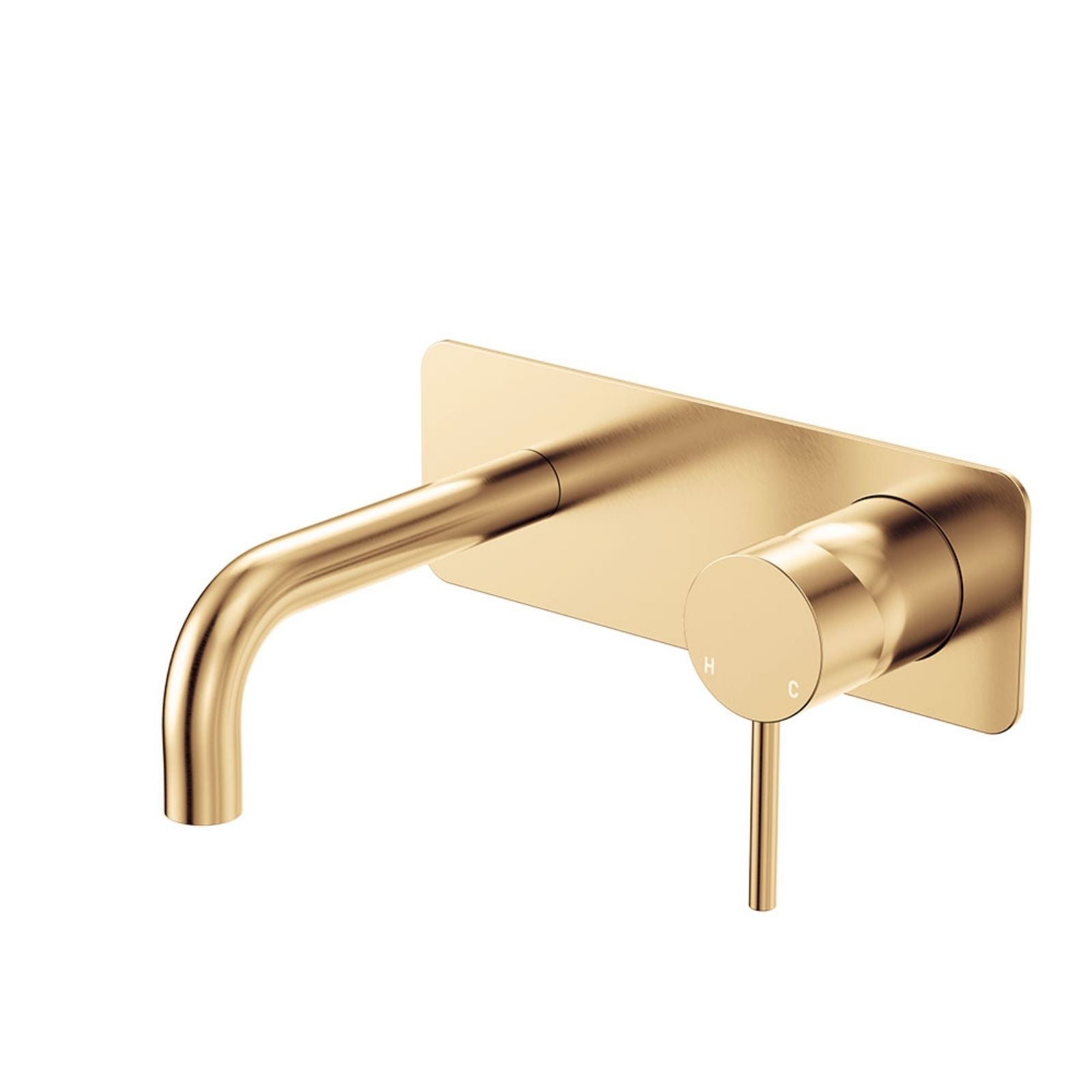 Fienza Kaya wall basin/bath mixer set in urban brass, with rectangular plate, curved 130mm outlet and round pin lever.
