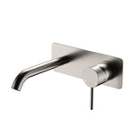 Fienza Kaya wall basin/bath mixer set in brushed nickel, square plate with curved spout and pin lever handle