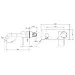 Fienza Kaya wall basin/bath mixer set technical drawing, square plate and 160mm outlet shown with dimensions in black linework