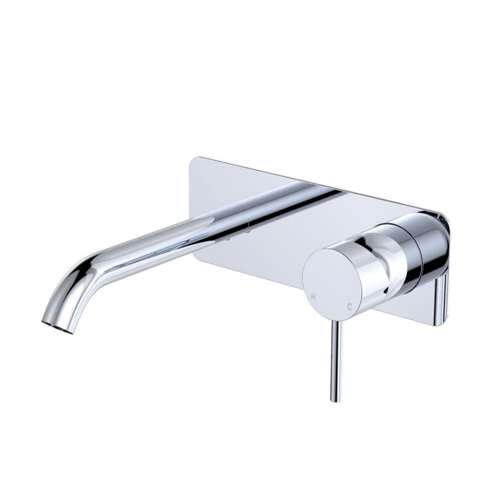 Fienza Kaya chrome wall basin/bath mixer set with rectangular plate and curved spout, front view