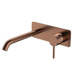 Fienza Kaya wall basin/bath mixer set in brushed copper with rectangular plate and curved outlet, front view