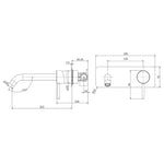 Technical drawing of Fienza Kaya wall basin/bath mixer set, rectangular plate and 203mm outlet, with dimensions shown